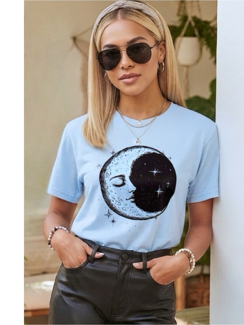 Celestial Graphic Tee Serene Moon & Stars Illustration Light Blue Womens Medium